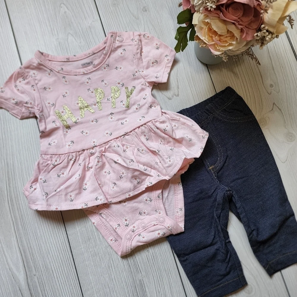 Carter's 2 piece baby outfit pink happy bodysuit with denim pants NWT Size 3 mo